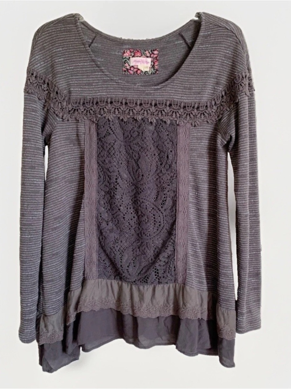 Anthropologie Meadow Rue Gray Mixed Media Top XS Ruffle Eyelet Lace Whimsigoth